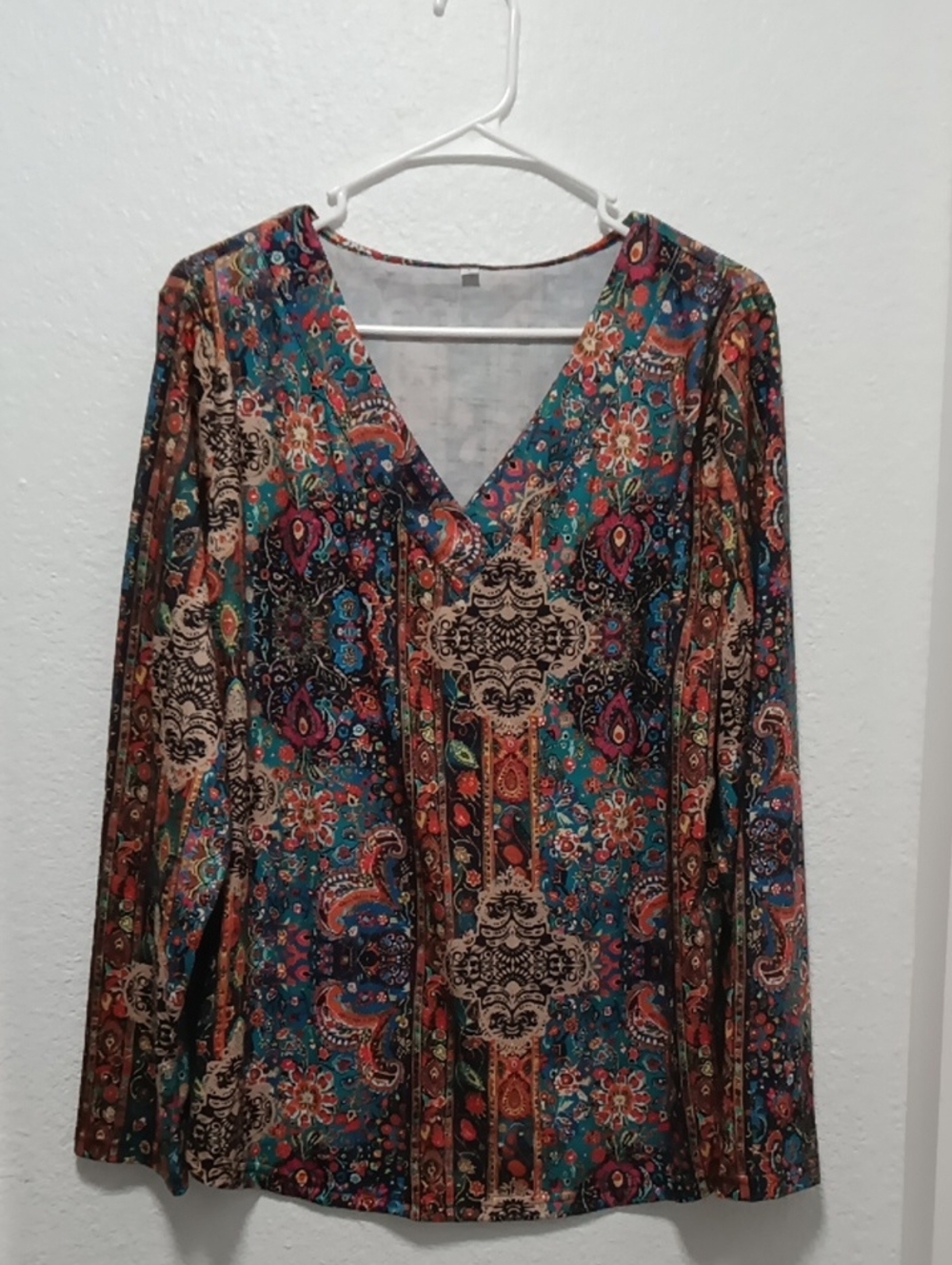 Amazon Essentials Teal Multi-Print V-Neck Long-Sleeve Blouse